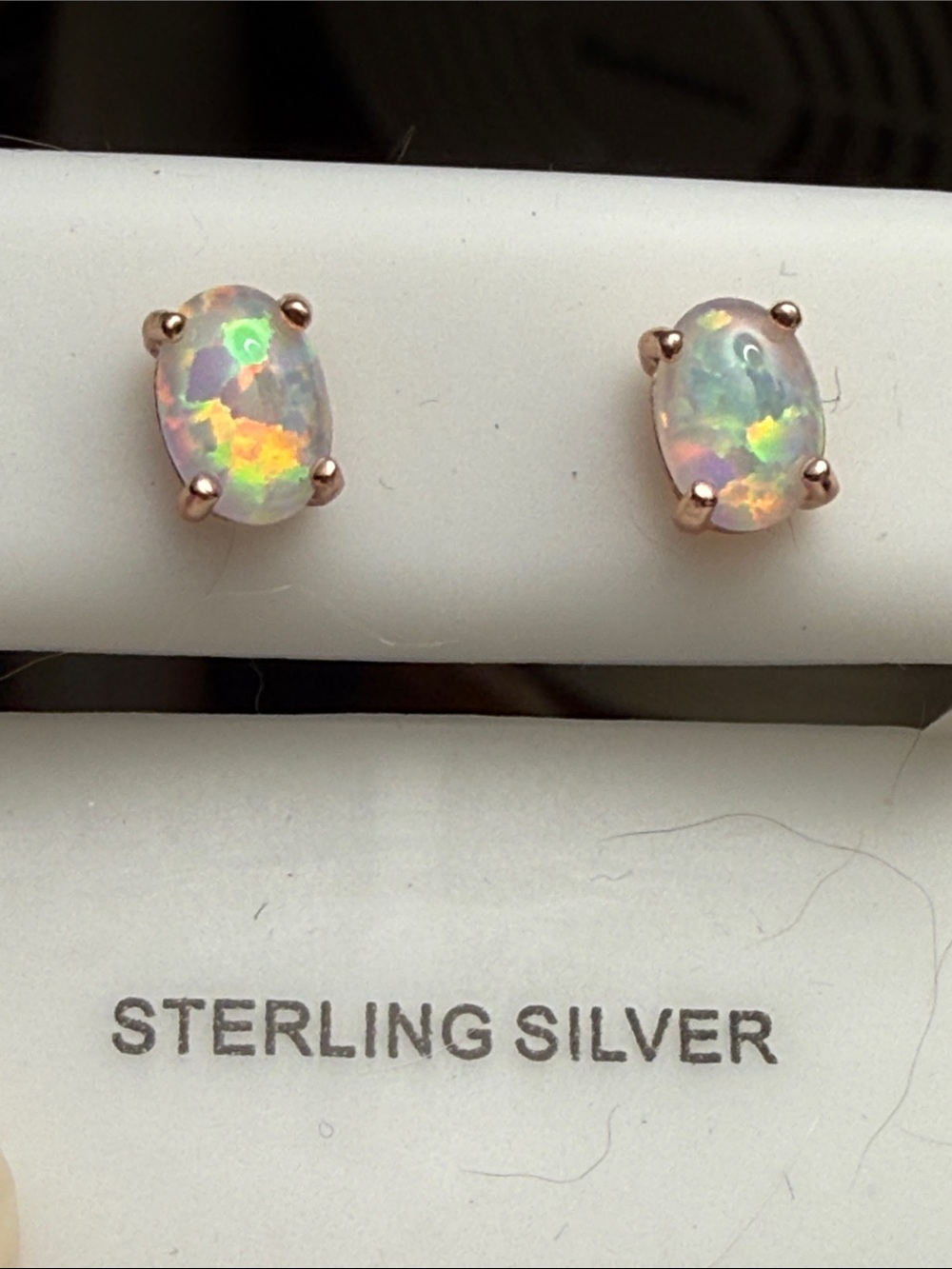 925 Sterling Silver white fire Opal Oval Stud Earrings 14k Rose gold over 925 SS
